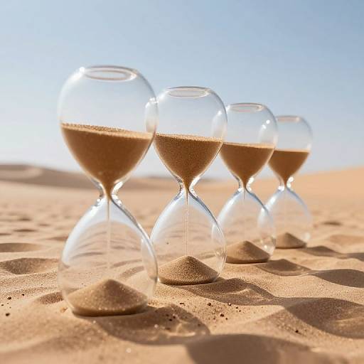 Photograph of four glass hourglasses on sandy beach, each filled with brown sand, sunlight casting shadows, clear blue sky background.