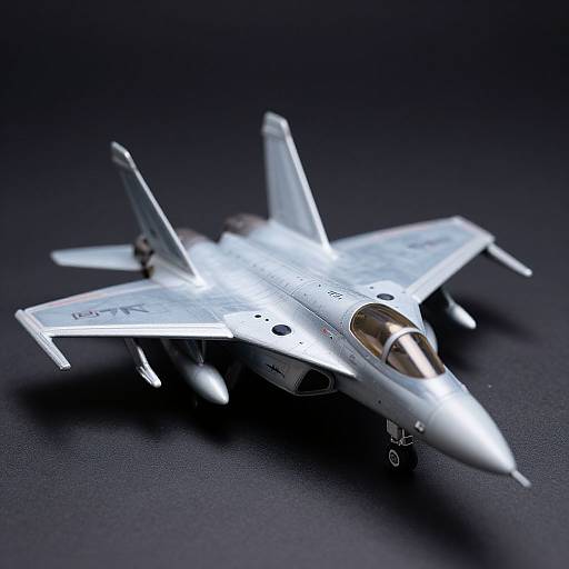 Photograph of a detailed, silver, multi-role fighter jet model with clear cockpit, positioned against a dark, textured background.