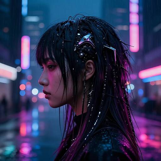 Cyberpunk cityscape photograph of a young Asian woman with wet, black hair adorned with futuristic metallic hairpieces, illuminated by vibrant neon lights in a
