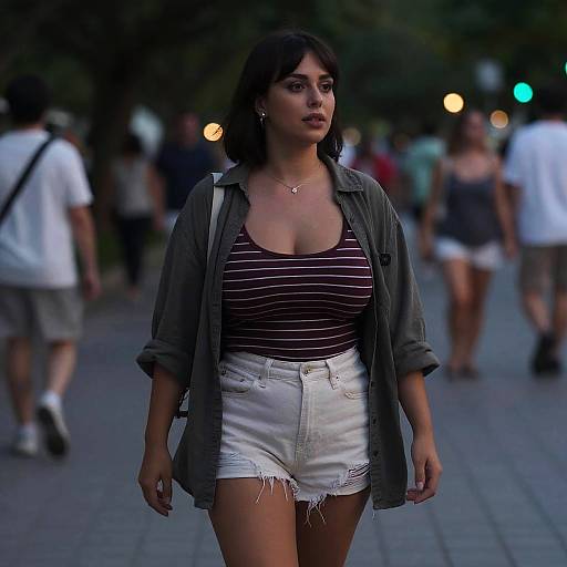 Photograph of a young woman with medium brown skin, dark hair, wearing a striped tank top, olive green shirt, and frayed white shorts,