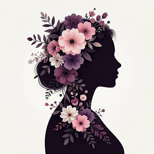 Silhouetted female profile in black adorned with pink, purple, and white flowers against a white background, digital illustration.