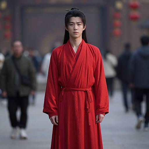 Photograph of an Asian woman with long black hair in a red traditional Korean hanbok, standing in a bustling urban street with blurred background and red