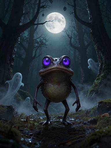 Digital illustration of a frog with glowing purple eyes standing in a dark, eerie forest under a full moon, with ghostly figures in the background.