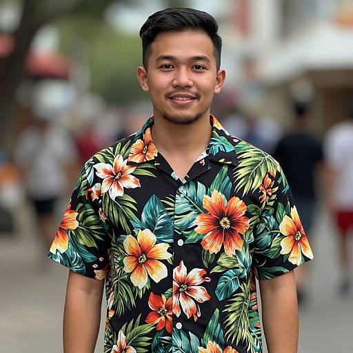 Photograph of a smiling Asian man with short black hair, wearing a vibrant black floral shirt with orange and green hibiscus patterns, standing in