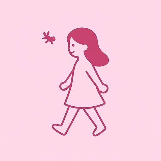 Minimalistic digital drawing of a pink-haired girl in a dress walking, with a small bird flying to her left.