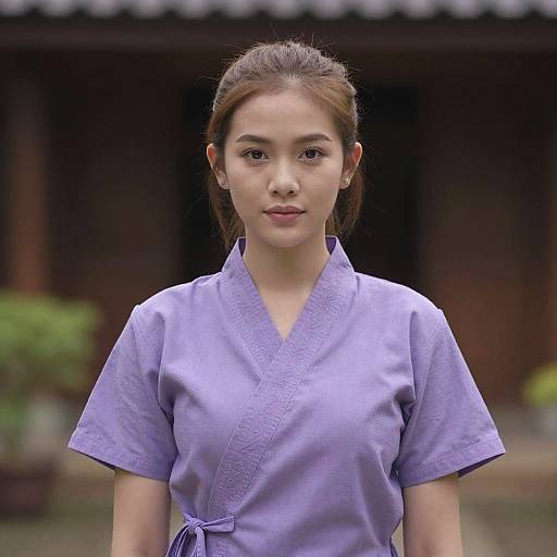 Photograph of an East Asian woman with fair skin, brown hair in a simple updo, wearing a lavender traditional kimono, standing outdoors in front