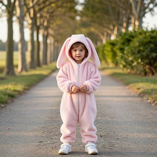 Child in Pink Bunny Suit Outdoors