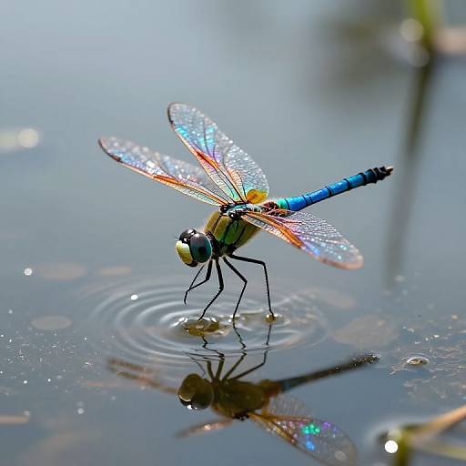 Close-up photograph of a vibrant blue and orange damselfly with iridescent wings standing in shallow water, creating ripples, reflected below.