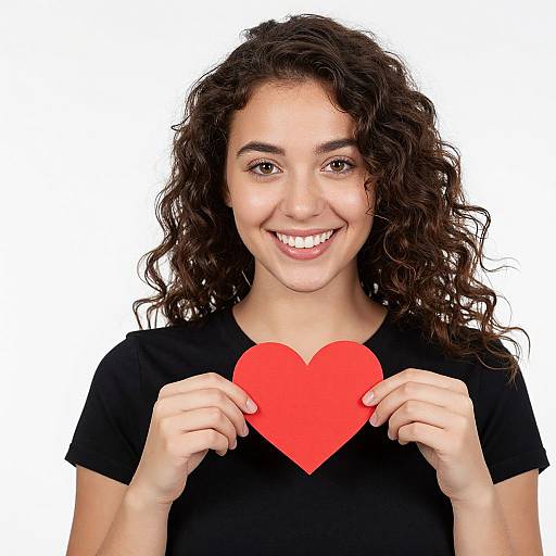Photograph of a smiling young woman with curly brown hair, holding a red heart against a white background, wearing a black shirt.