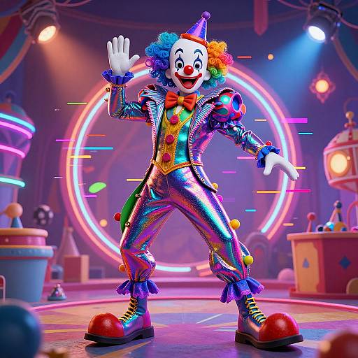 Vibrant CGI clown in rainbow attire and multicolored wig, waving on neon-lit stage with colorful background and circus props.