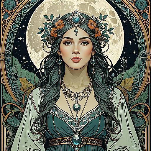 Moonlit Slavic Herb Queen in Art Nouveau