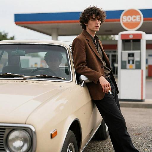 Vintage Gas Station Scene with Man