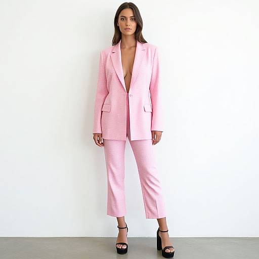 Photograph of a confident woman with medium-length dark hair, wearing a pink checkered suit with a deep V-neck, black high-heeled sandals,