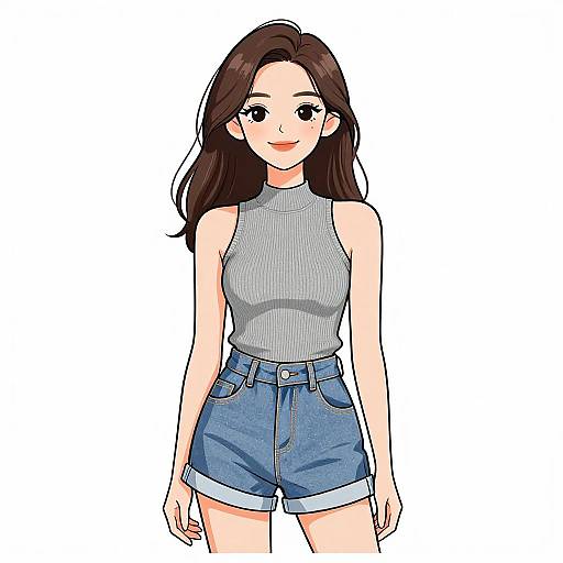 Anime-style digital illustration of a cute young woman with long brown hair, wearing a gray sleeveless turtleneck and blue denim shorts, standing against a