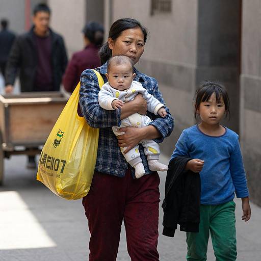 Asian Woman with Baby and Young Girl in Alley