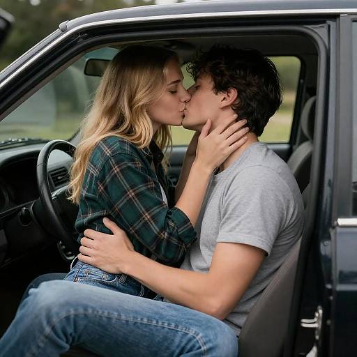 Passionate Kiss in Worn Car Seat