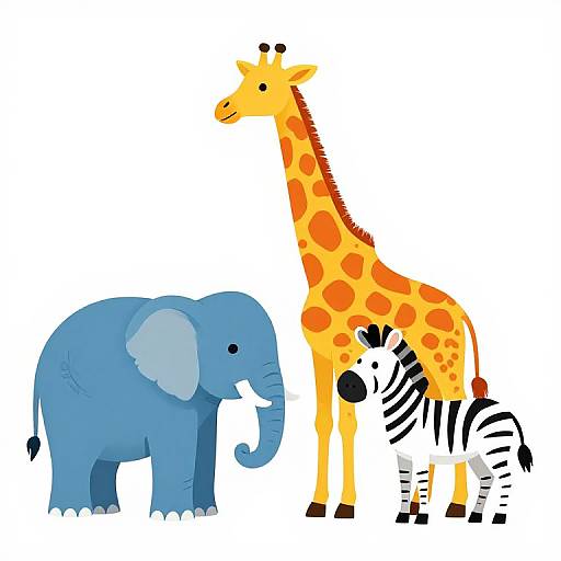 Colorful digital illustration of a blue elephant, yellow giraffe with orange spots, and zebra standing together on a white background.