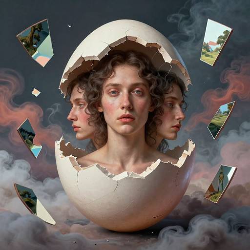 Digital art: Double-headed woman with curly hair, fair skin, and red lips inside cracked white egg, surrounded by floating photo fragments, against smoky