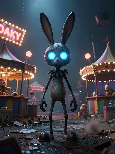 CGI image of a creepy, glowing-eyed, black rabbit with skeletal limbs standing in a dark, rain-soaked carnival at night. Neon lights and