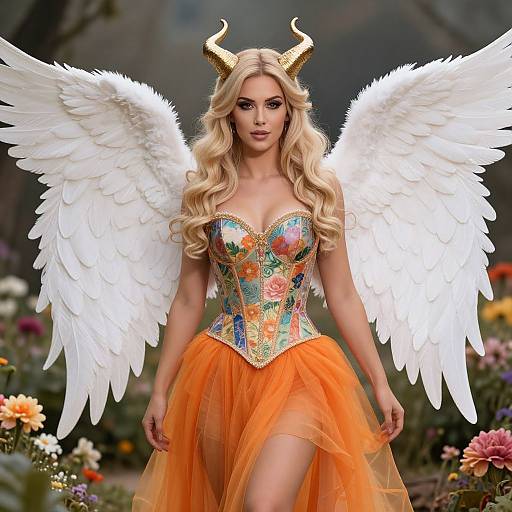 Photograph of a blonde woman with golden horns, white feathered wings, colorful corset, and orange tulle skirt, standing in a vibrant flower