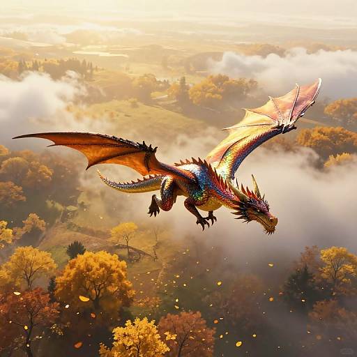 Photorealistic digital artwork of a vibrant, multi-colored dragon soaring above a misty autumn forest with golden leaves and distant hills.