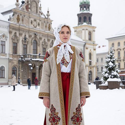 Photograph of a Caucasian woman in traditional winter clothing, white lace headscarf, red and gold embroidered long coat, standing in a snowy European city