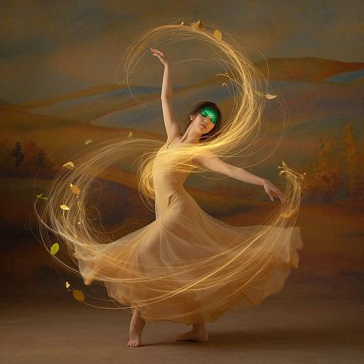 Photograph of a woman in a flowing, golden dress, barefoot, dancing with swirling light trails and yellow leaves against a warm, autumnal background