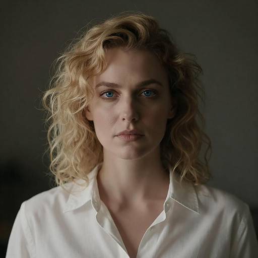 Serious Woman with Curly Blonde Hair