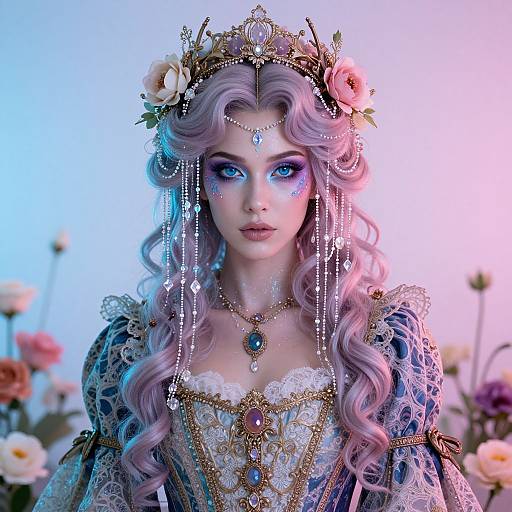 Digital fantasy portrait of a fair-skinned, blue-eyed fairy with lavender curls, adorned in intricate lace and gold, wearing a floral crown, surrounded by