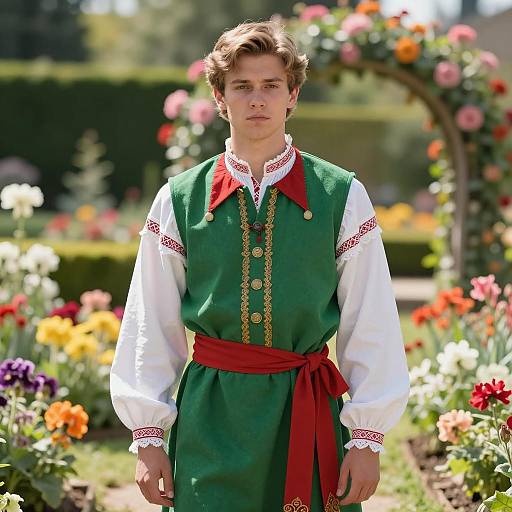 Young Man in Traditional Folk Attire in Garden