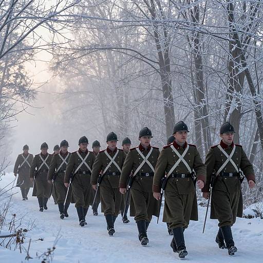 Photograph of a line of World War II-era soldiers in brown uniforms and black helmets marching through a snowy, leafless forest.