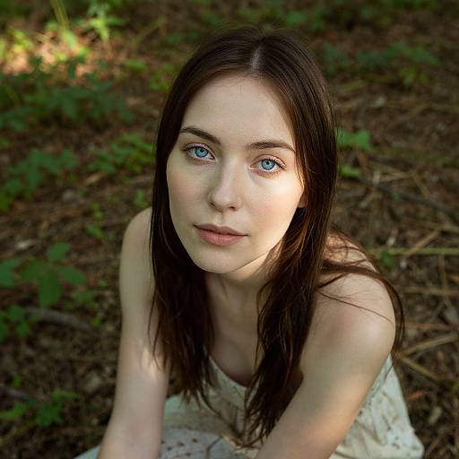 Photograph of a fair-skinned, blue-eyed brunette woman with straight hair, wearing a white dress, kneeling in a forest, sunlight filtering through trees