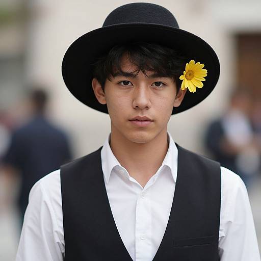 Photograph of a young Asian man with fair skin, black hat, yellow flower, white shirt, black vest, serious expression, blurred urban background.