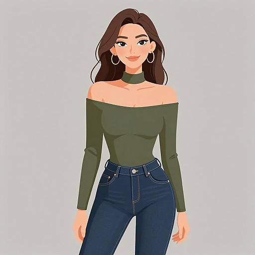 Digital illustration of a smiling woman with long brown hair, wearing an off-shoulder green top and high-waisted blue jeans. She has hoop