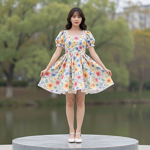Young Asian woman with dark hair in a colorful floral dress and white shoes standing on a circular platform in a park. Photorealistic CGI.