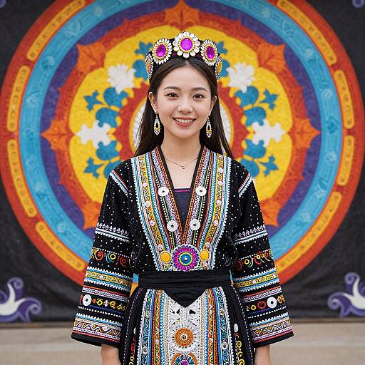 Photograph of a smiling Asian woman with long black hair, wearing an intricately embroidered black traditional dress and floral headpiece, standing in front of a