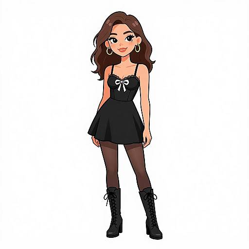 Digital cartoon of a cute young woman with long brown hair, wearing a black dress, black tights, and black boots, smiling against a white background