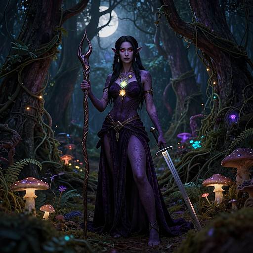 Digital fantasy artwork: Dark elf woman with long black hair, glowing necklace, and intricate dark dress, holding staff, standing in enchanted forest with glowing mushrooms