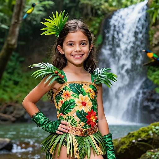 Photograph of a young girl with dark hair wearing a tropical leaf and flower costume, standing in front of a waterfall in a lush, green jungle.