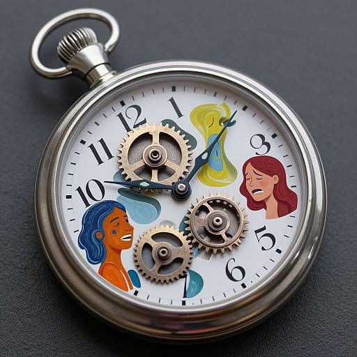 Illustrated pocket watch with colorful clock hands, gears, and faces of Cinderella, Sleeping Beauty, and Snow White on a black background.