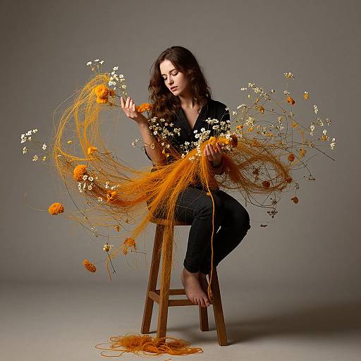 Photograph of a brunette woman in black, sitting on a wooden stool, holding and releasing an orange, floral, web-like arrangement.