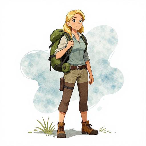 Digital anime-style drawing of a blonde woman with shoulder-length hair, wearing a green backpack, light blue shirt, brown shorts, and brown boots, standing