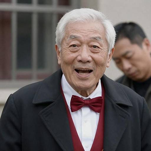 Excited Elderly Man in Black and Red