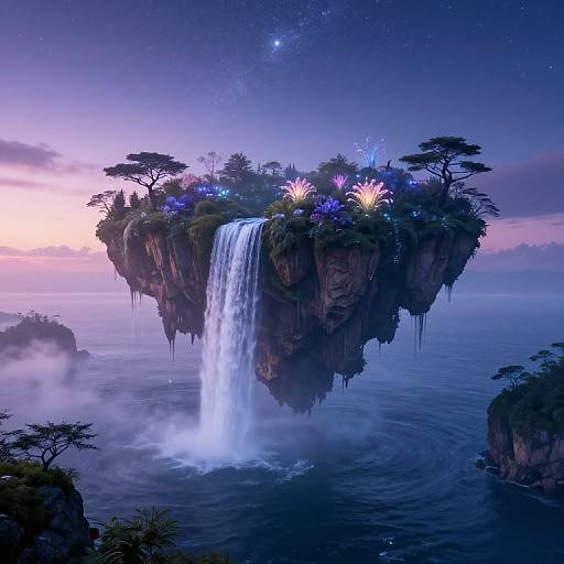 Digital fantasy artwork of a floating island with a waterfall, illuminated by colorful lights, surrounded by a starry night sky and misty ocean.