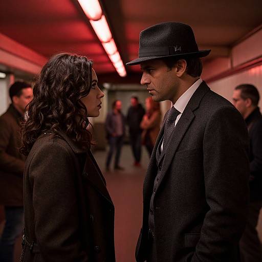 Photograph of a serious, dark-haired woman in a black coat facing a man in a black suit, tie, and fedora in a dimly