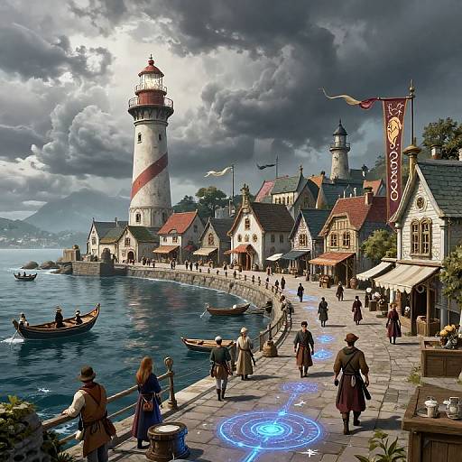Fantasy coastal village with a tall striped lighthouse, illuminated magic circle, boats, and people in medieval attire under dramatic clouds. Digital art.