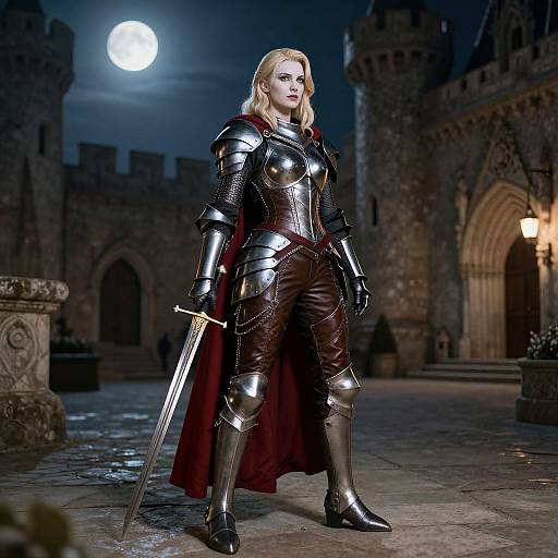Photorealistic digital artwork of a blonde, armored, female knight with a red cape, holding a sword in a moonlit, medieval castle courtyard.