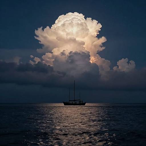 Photograph of a small sailboat silhouetted against a massive, illuminated cumulus cloud over a dark, calm ocean at night.
