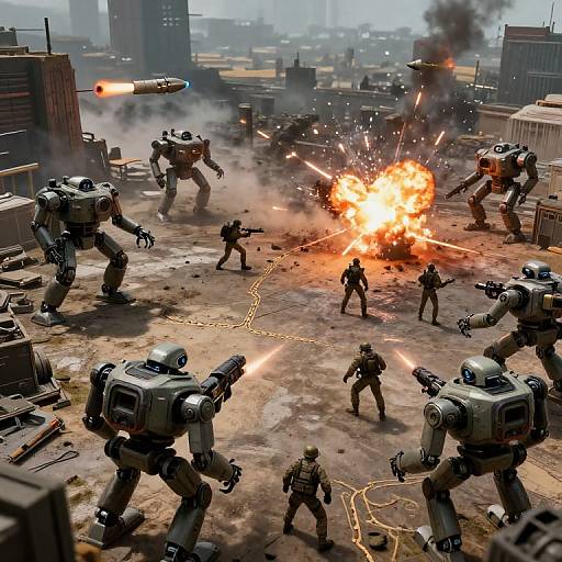 Photorealistic CGI of a futuristic urban battle scene: four robotic mechs firing at human soldiers amidst an explosion, surrounded by city buildings and smoke.