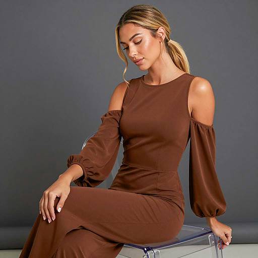 Woman in Brown Cut-Out Shoulder Jumpsuit Sitting on Acrylic Chair